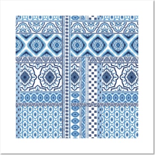 blue and white ethnic pattern Posters and Art